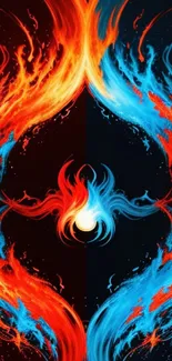 Fiery Yin Yang mobile wallpaper with red and blue flames.