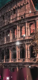 Colosseum at sunset with sparkling sky effect.