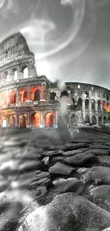 Black and white Colosseum illuminated with warm lights.