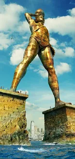 Giant statue overlooking the sea with a bright blue sky.