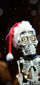 Comedian with skeleton in Santa hat on stage.