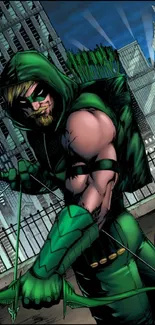 Comic book archer in a green costume taking aim in a detailed cityscape.