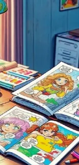Colorful comic book pages on a desk scene