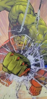 Green comic hero smashing through glass in dynamic action art.