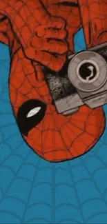 Comic hero holding a camera, set on a blue web background.