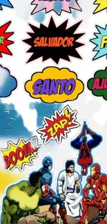 Comic style wallpaper with superheroes and speech bubbles in vibrant colors.