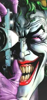 Comic book villain smiling with camera in purple gloves.