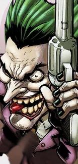 Comic-style villain with green hair holding a gun.