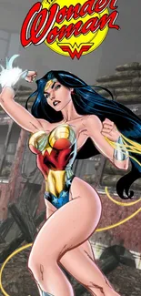 Wonder Woman in powerful comic pose, vibrant colors.