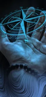 Hand holding a glowing blue compass, symbolizing direction.