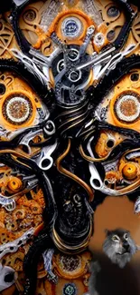 Steampunk mechanical art wallpaper with dark and metallic colors.