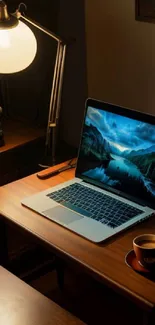 Cozy wooden desk with a laptop, lamp, books, and coffee for a warm ambiance.