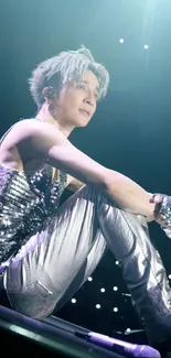 Singer on stage under bright lights, wearing silver.