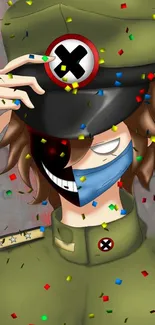 Anime character with mask and confetti mobile wallpaper.