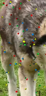 A wolf in nature with confetti accents, vibrant and lively design.