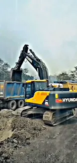 Construction site with heavy machinery and trucks under a cloudy sky.