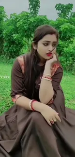 Contemplative girl sitting in a lush, green field.