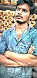 Man in denim shirt standing in front of market goods.