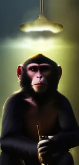 Monkey sitting under warm glowing light in artistic wallpaper design.