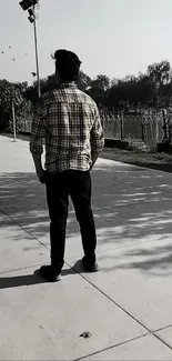 Man standing on a sunlit pathway with a park in the background.