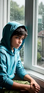 Person in blue hoodie gazes thoughtfully through rainy window.