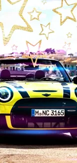 Convertible car on a sunny beachfront with stars in the sky.