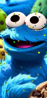 Blue Cookie Monster with colorful confetti and cookies in the background.