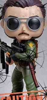 Action figure in glasses with gun, caution sign.