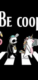 Cool cartoon animals crossing a street in style.