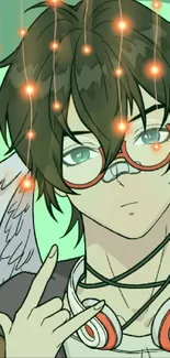 Anime character with glasses and headphones in vibrant setting.