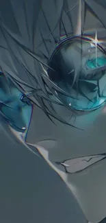 Anime character with blue-gray theme and reflective glasses.