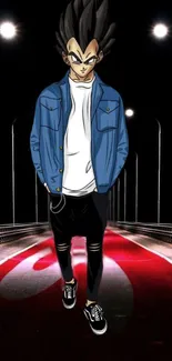 Anime character standing on a night-lit bridge, exuding a cool and confident vibe.