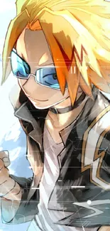 Anime character with blonde spiky hair and sunglasses in a striking pose.