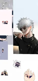 Anime character with white hair and shades on artistic mobile wallpaper.