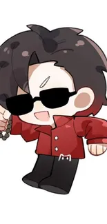 Anime character in red jacket with sunglasses on white background.