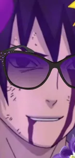 Anime character with sunglasses in a cool style, featuring dominant purple hues.