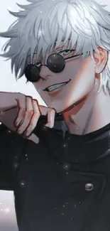 Cool anime character with white hair and sunglasses.