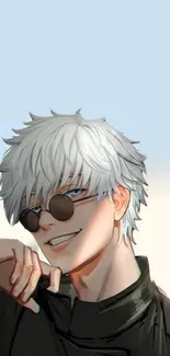 Anime character with sunglasses, white hair, and a stylish pose.