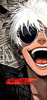 Anime character with white hair and sunglasses, smiling joyfully.