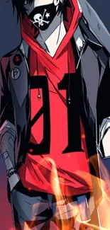 Anime character in black and red with fiery background.