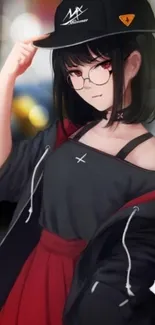 Anime girl in black clothing with red skirt and glasses.