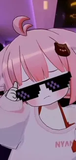 Cool anime girl with pink hair and sunglasses in a vibrant setting.