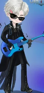 Stylish anime character with guitar on a blue background.