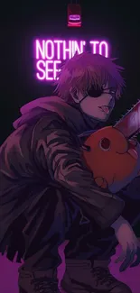 Anime character with neon purple glow in a dark room.