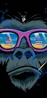 Cool ape with sunglasses and scenic reflections in a vibrant design.