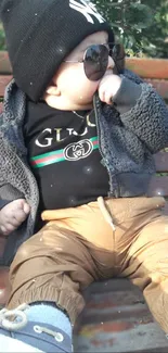 Cute baby in trendy outfit with sunglasses on a bench.