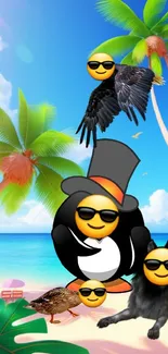 Cool emojis on a sunny beach with palm trees, wolf, and penguin.