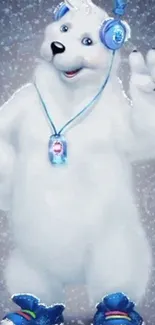 White bear with blue headphones in a snowy background.