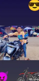 Child posing with motorbike, emojis on a dark background.