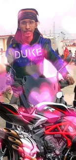 Stylish biker with motorcycle and pink heart design on wallpaper.